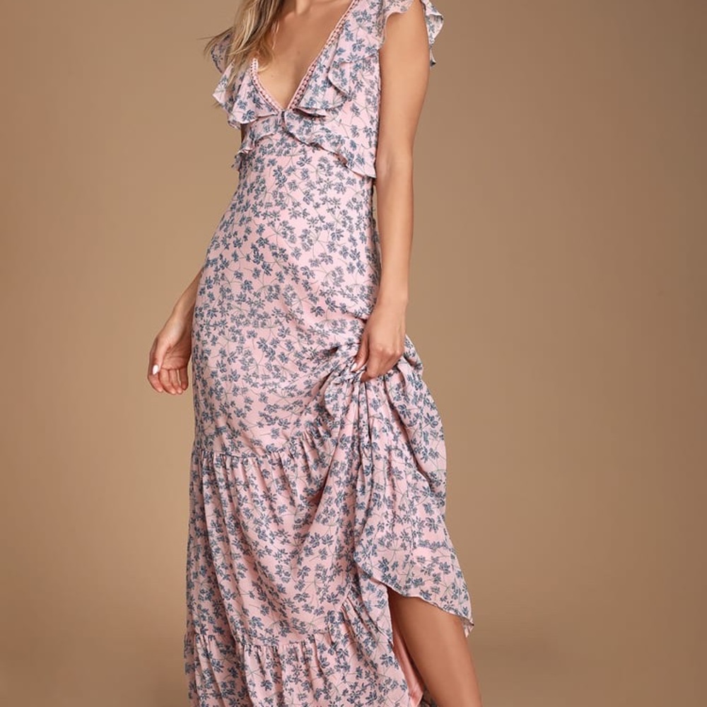 Lulu’s Darling Daydream Blue and Pink Floral Print Ruffled Maxi Dress